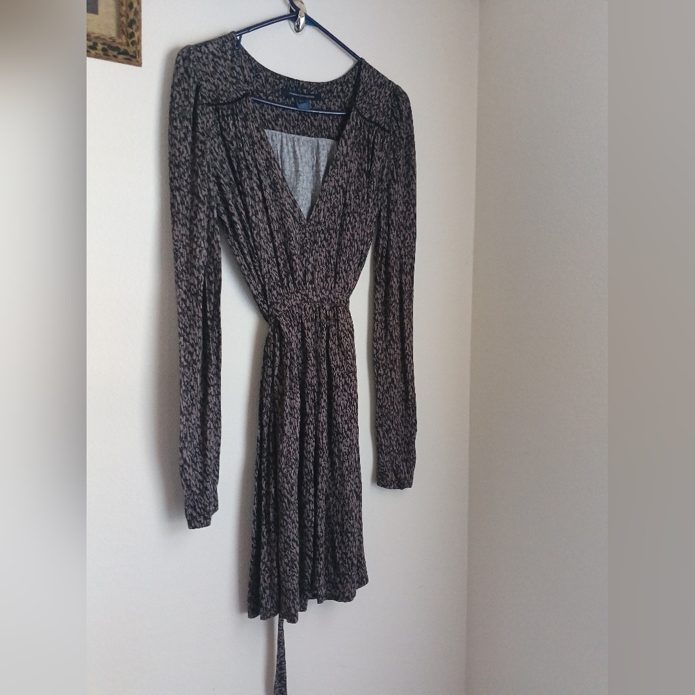 French Connection Dress 10 Black and Brown Long Sleeve V-Neck Cottagecore Church